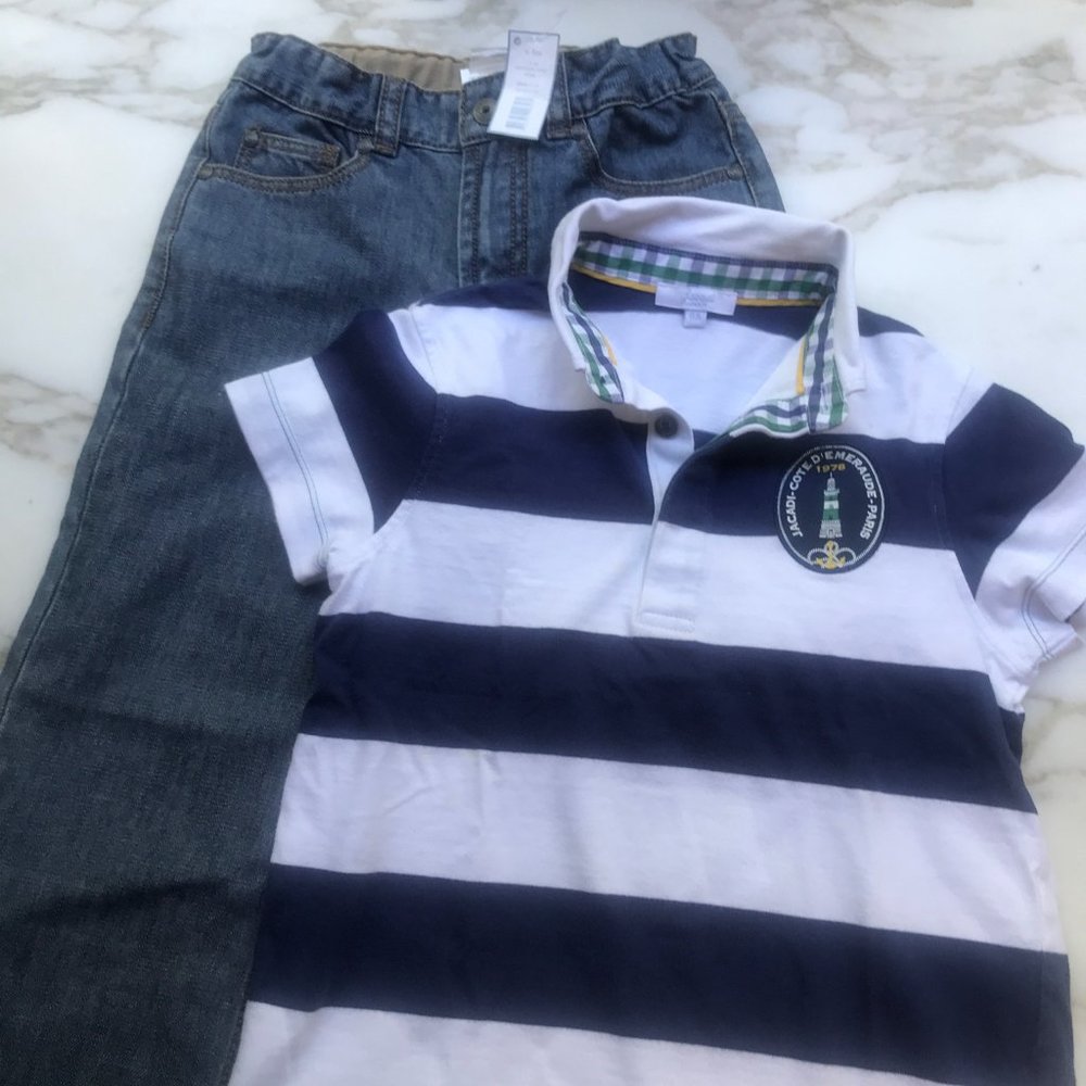 NWT Jacadi PARIS Jeans Pants Outfit & Polo Striped